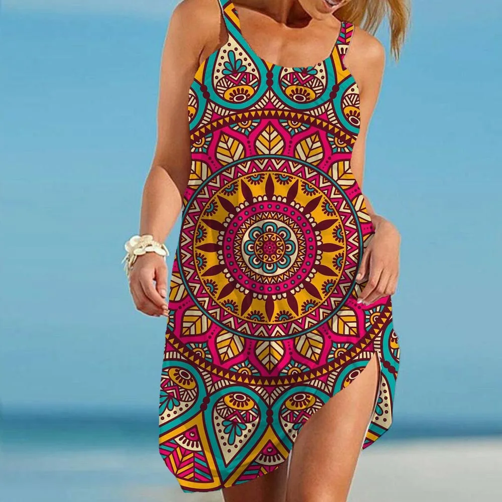 

Women Summer Sleeveless Sling Dresses Vintage Flowers 3D Printed Bohemian Dress Female Elegant Floral Beachwear Sundress