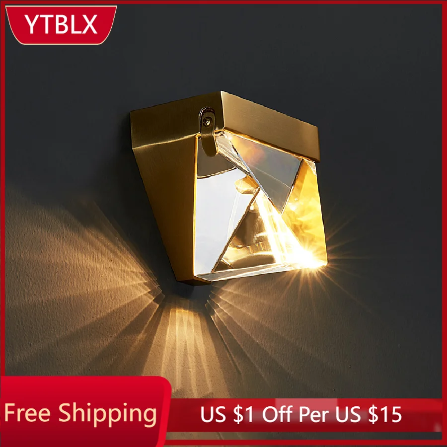 

Modern Crystal Wall Lamp Indoor Minimalist Decor Copper Sconce Corridor Aisle Living Room Background Wall Light Loft Stair Light