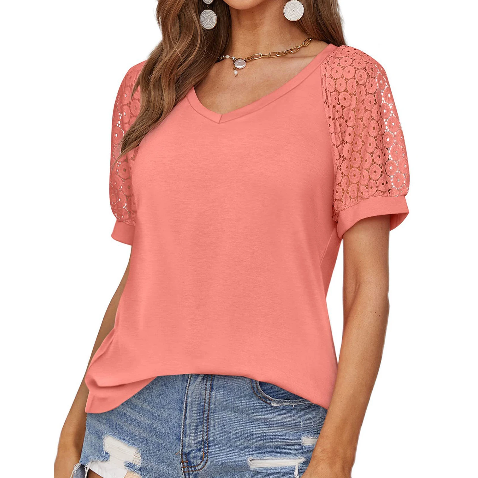 

Top Women Lace Short Sleeve T Shirt And Blusas V Neck Casual Summer Elegant And Youth Woman Tops Para Mujer Female Clothing