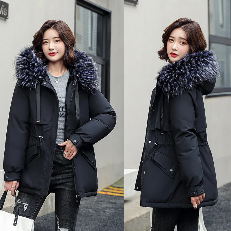 

Winter New Women Parka Coats Fashion Design Slim Fit Warm Down Jacket Plus Fleece Collar Black Mid-length Coat Female Clothing