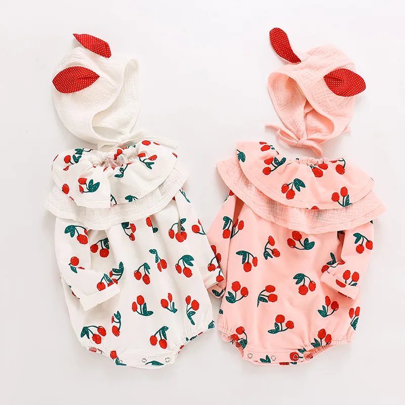 RiniKinda 2022 Autumn Newborn Toddler Girls Bodysuits Infant Baby Girl Print Bodysuit Jumpsuit Outfits Hat Casual Clothes