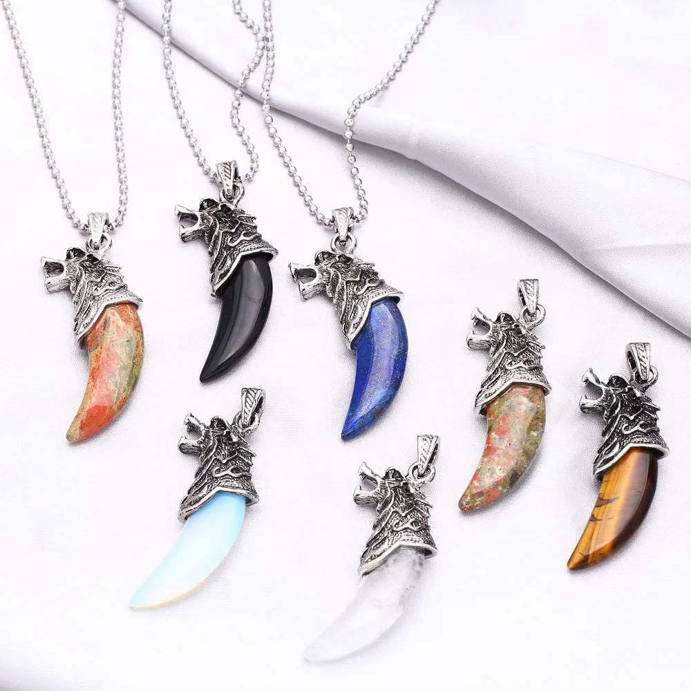

Andralyn Spiritual wolf tooth pendant personality retro exaggerated men and women Crystal agate Jewelry necklace wholesale