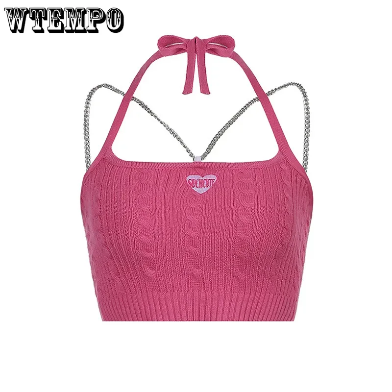 

Tank Top Woman Spaghetti Strap Boho Crop Halter Tops Y2k T Shirt Summer Knitted Camis Chain Sexy Backless Letter Embroidery