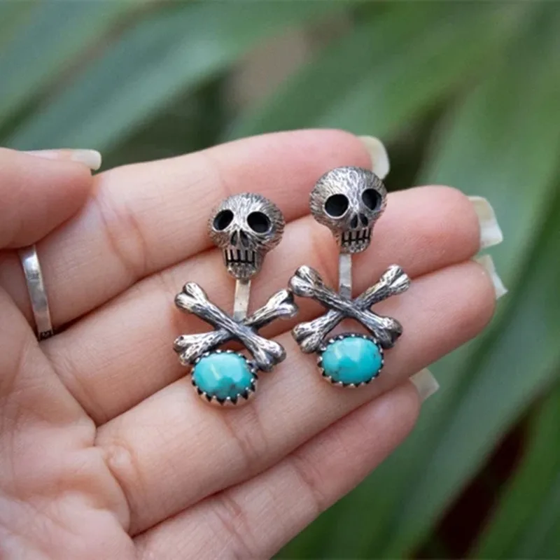 

925 Silver Needle Hand Carved Skull Bones Split Pendant Earrings For Women Wedding Creative Earrings Drop shipping