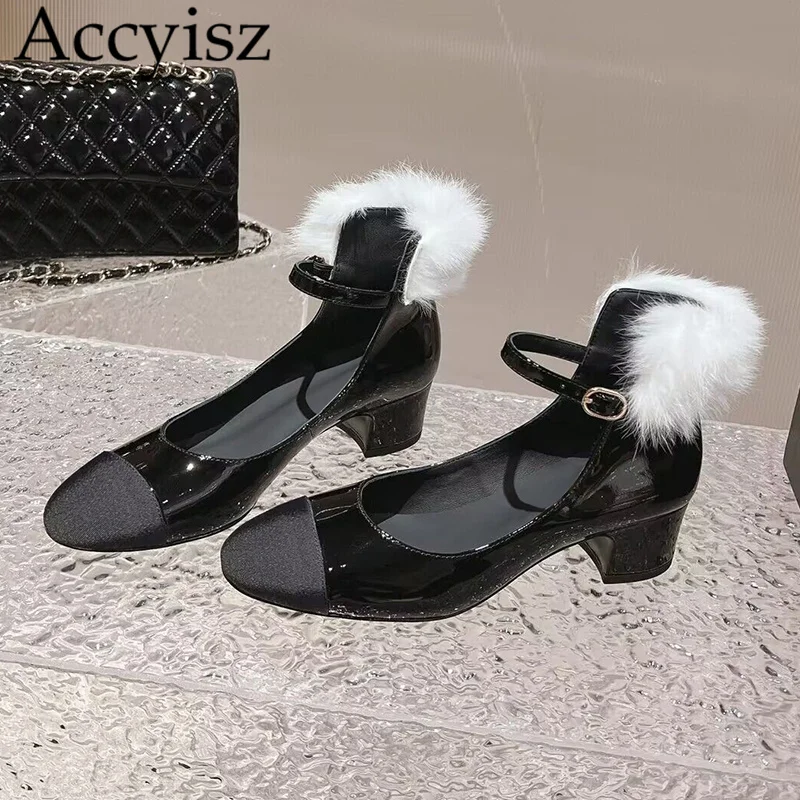 

New Summer Round Toe Chunky High Heel Sandals Women's Patent Leather Splicing Buckle Strap Sandalias Fairy Pearl Mary Jane Shoes