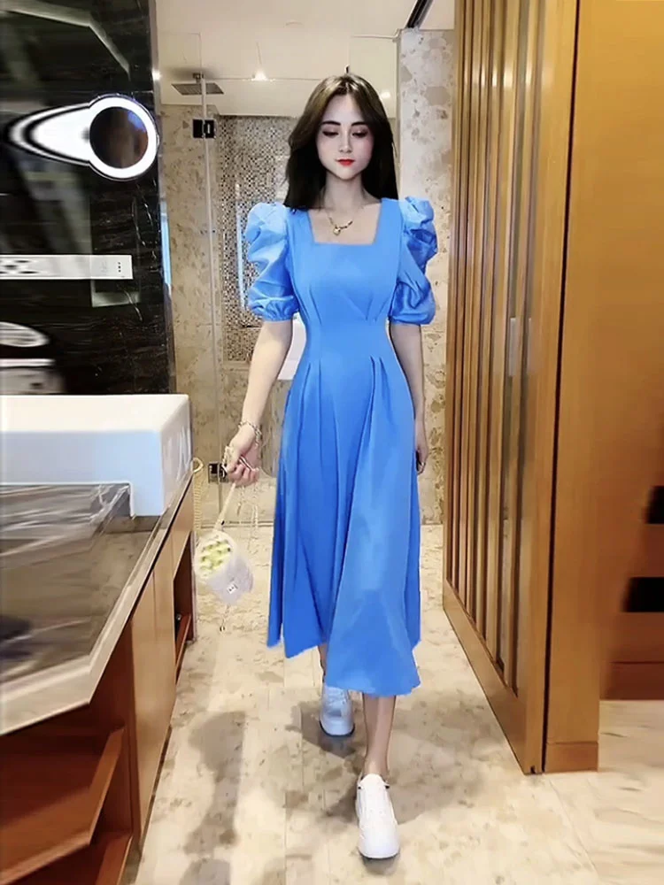 

High Quality Small Ordinary Design Dress Women 2022 Summer New French Square Collar Temperament Slim Blue Puff Sleeve Long Dress