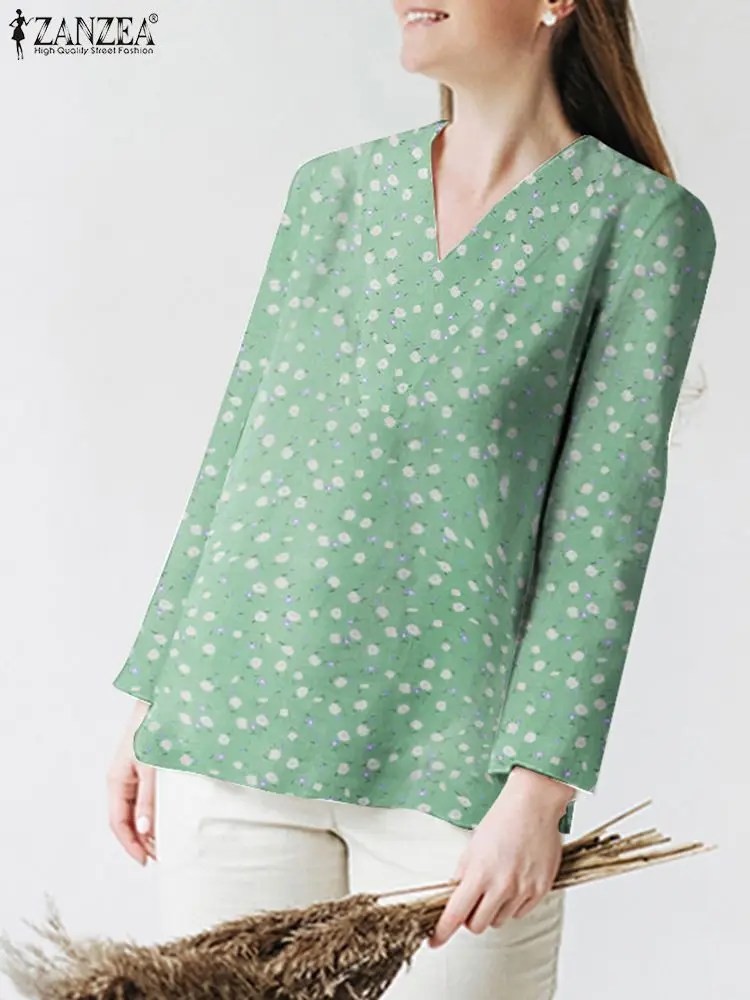 

Женская блузка ZANZEA, Осенние повседневные рубашки с цветочным принтом, богемные праздничные Топы с длинным рукавом и V-образным вырезом, элег...