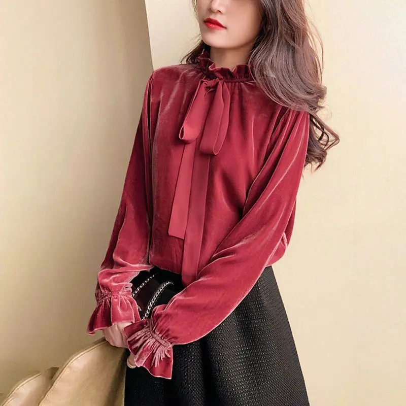

Stylish Ruffles Spliced Lace Up Bow Blouse Women's Clothing 2022 Autumn New Loose Casual Pullovers All-match Office Lady Shirt