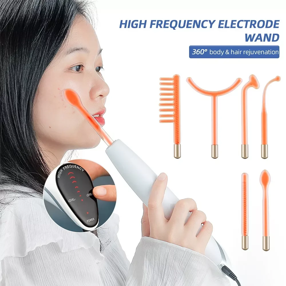 

Аппарат для лица 6 в 1, высокочастотный аппарат для роста волос с электродами фиолетового/оранжевого цвета, против морщин