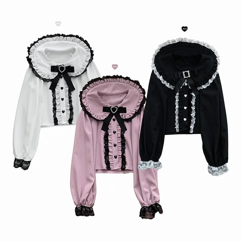 

Милая блузка с длинным рукавом и бантом, кружевная рубашка в стиле "Лолита" с рюшами и пуговицами в форме сердца, Женская японская одежда Y2k, топы JK розового, черного, белого цветов
