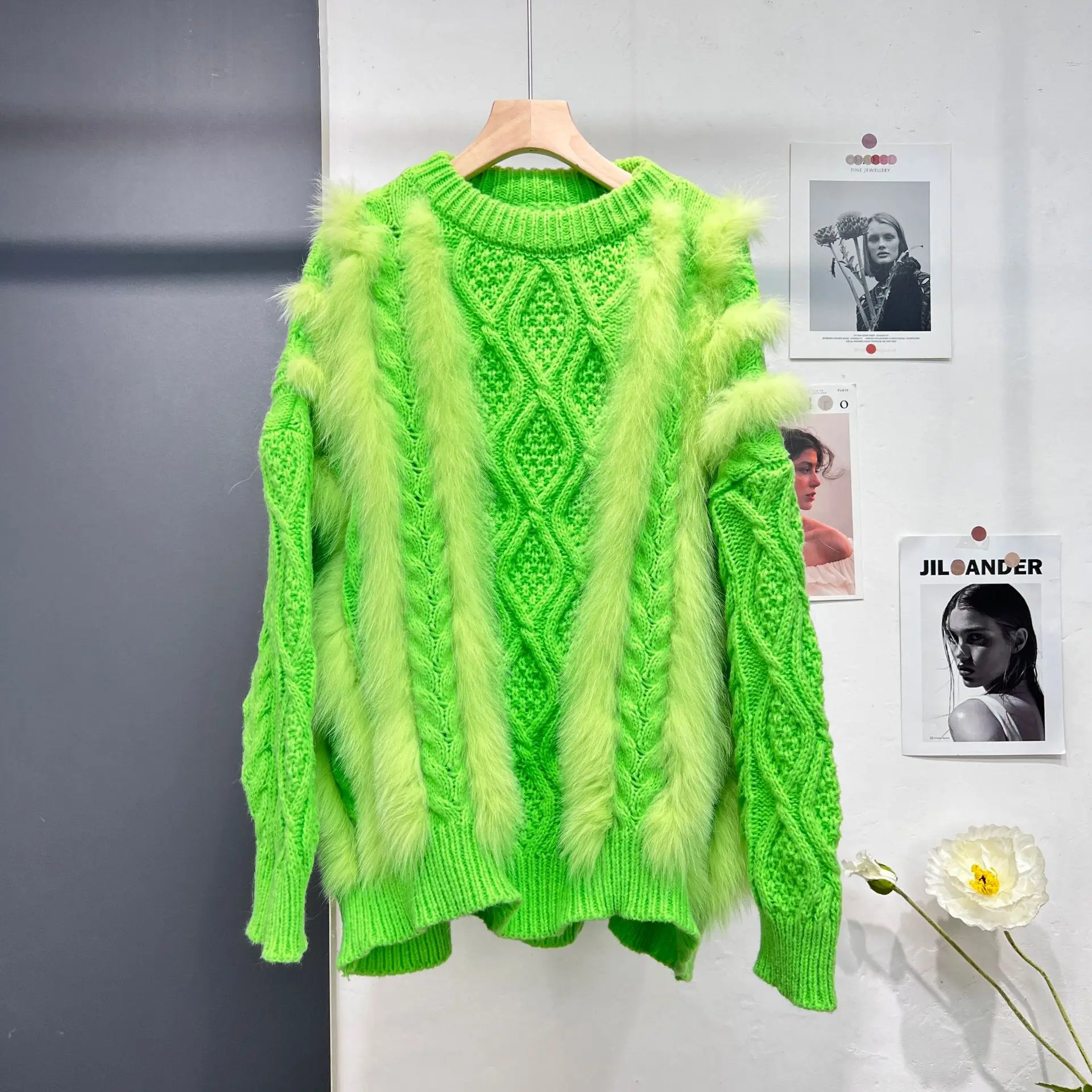 Luxury High Qulaity Women Loose Pullovers Jumper Autumn Winter Rabbit Fur Patchwork Knitting Thick O Neck Sweater Ladies