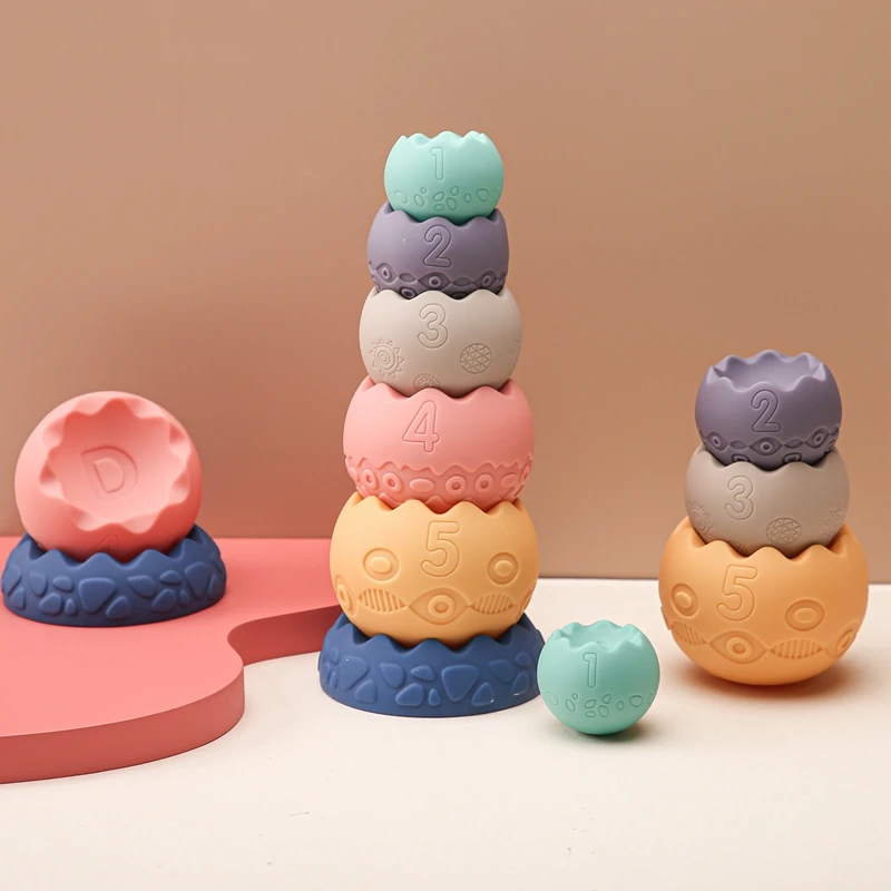 Baby Silicone Stacked Eggs Montessori Soft Rubber Stacking Blocks Infant Food Grade Teether Kid Education Building Block Toys  - buy with discount