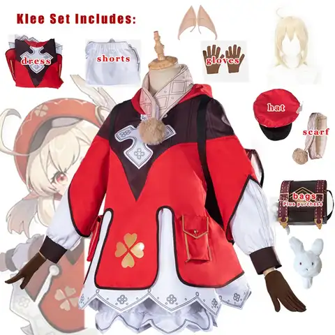 косплей кли Костюм для косплея Genshin Impact Klee, костюм для косплея, рюкзак, парики, обувь, лоли, наряд для вечеринки, Униформа, Рождественский кост...