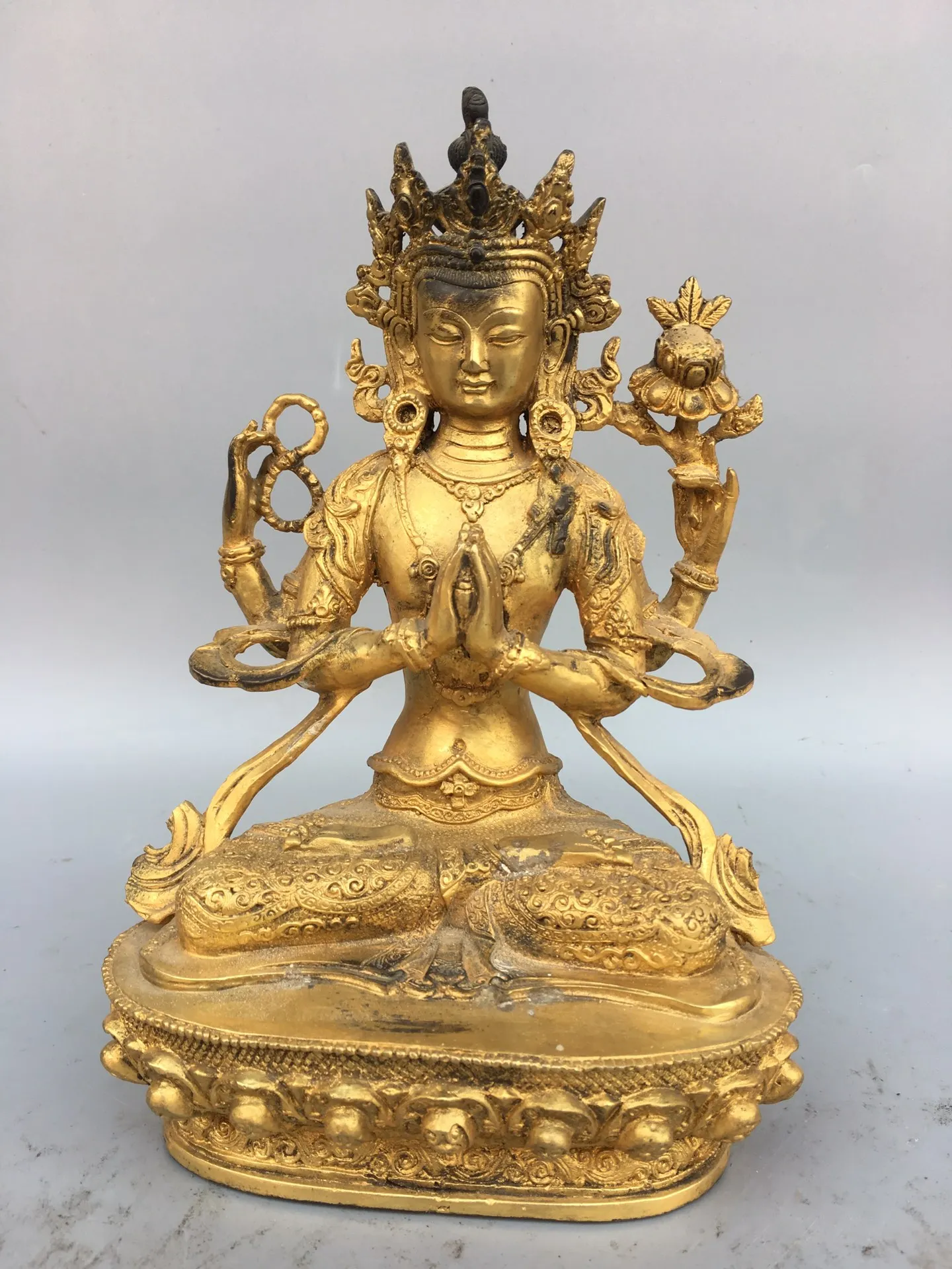 

9" Tibetan Temple Collection Old Bronze Gilt Four-armed Guanyin Bodhisattva lotus platform worship buddha Town house Exorcism