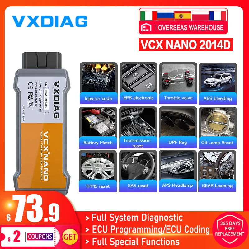 

VXDIAG VCX NANO 2014D Dice Full System Car Diagnostic tools USB OBD2 Scanner Active Test Online ECU Coding J2534 ECU Programming