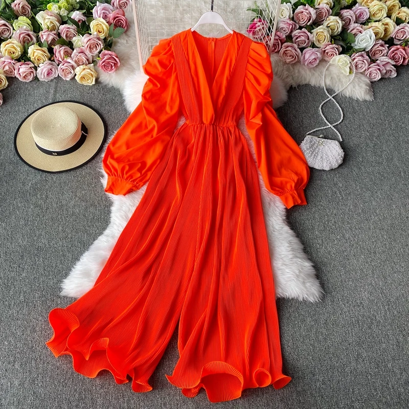 

Clothland Women Stylish Ruffled Long Jumpsuits V Neck Elastic Waist Long Sleeve Playsuits One Piece Women Tops KA138