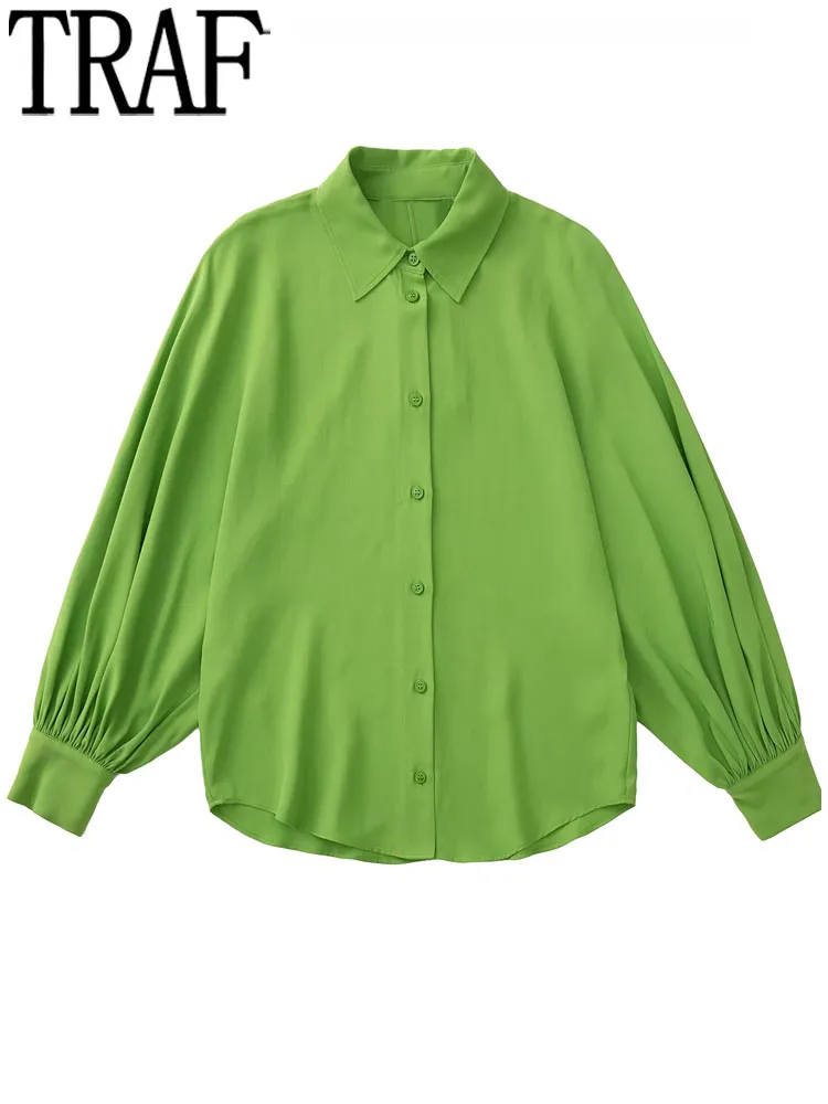 

TRAF 2022 Green Button Up Shirt Women Voluminous Long Sleeve Blouse Female Baggy Collared Shirt Woman Fashion Elegant Blouses