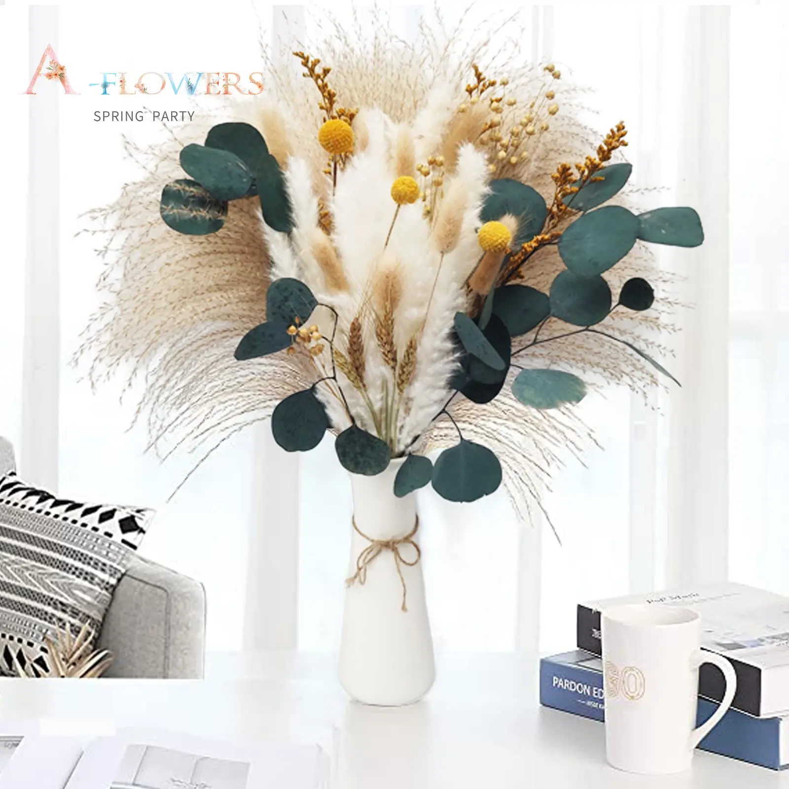 

Natural Dried Flowers Bouquet Boho Home Decor Fluffy Pampas Grass Real Eucalyptus Apple Leaf for Wedding Decoration Garden Diy