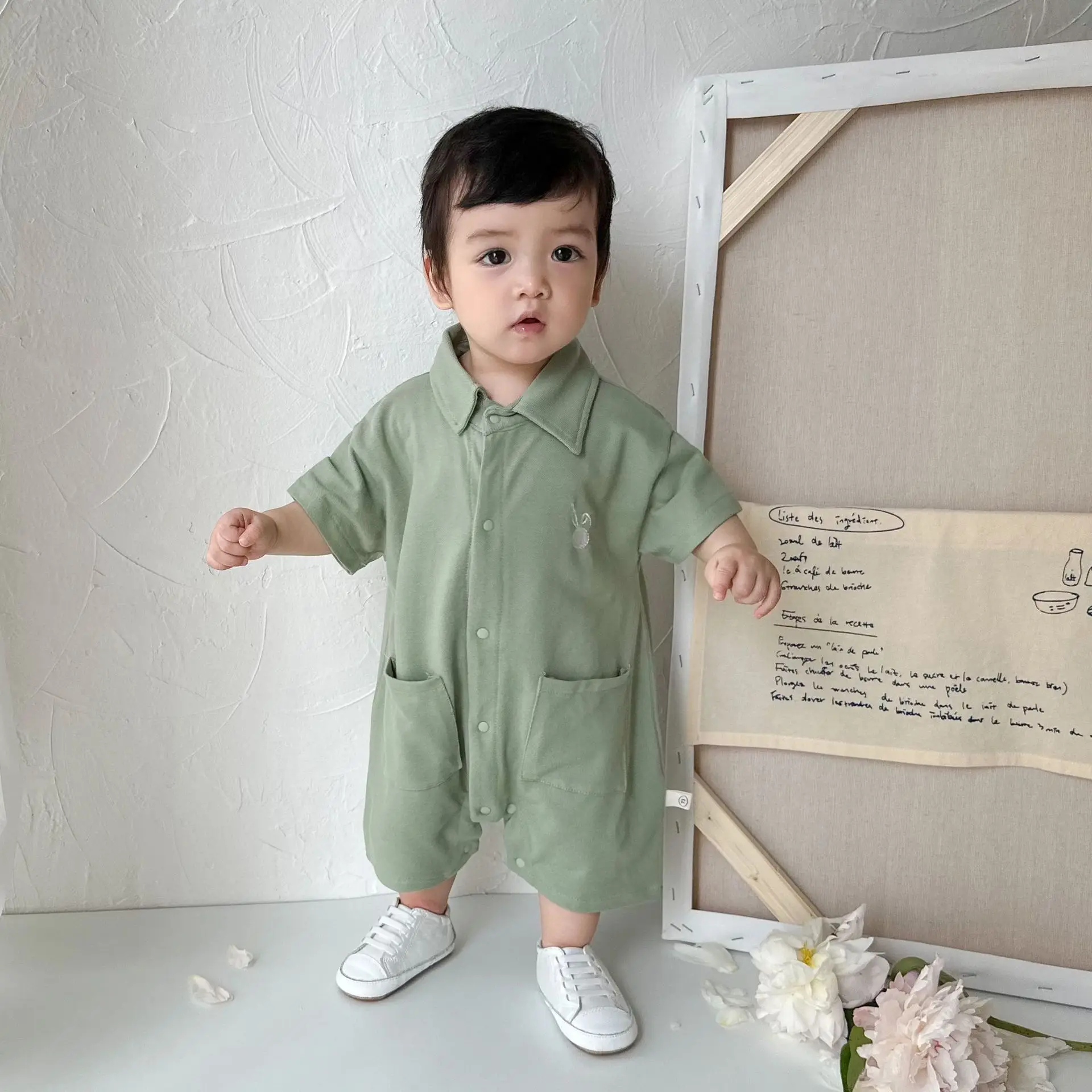 

2023 Korean Summer Toddler Boys Romper Embroidery Rabbit Button Solid Jumpsuit Short Sleeve Cotton Loose Infant Boys Outfits