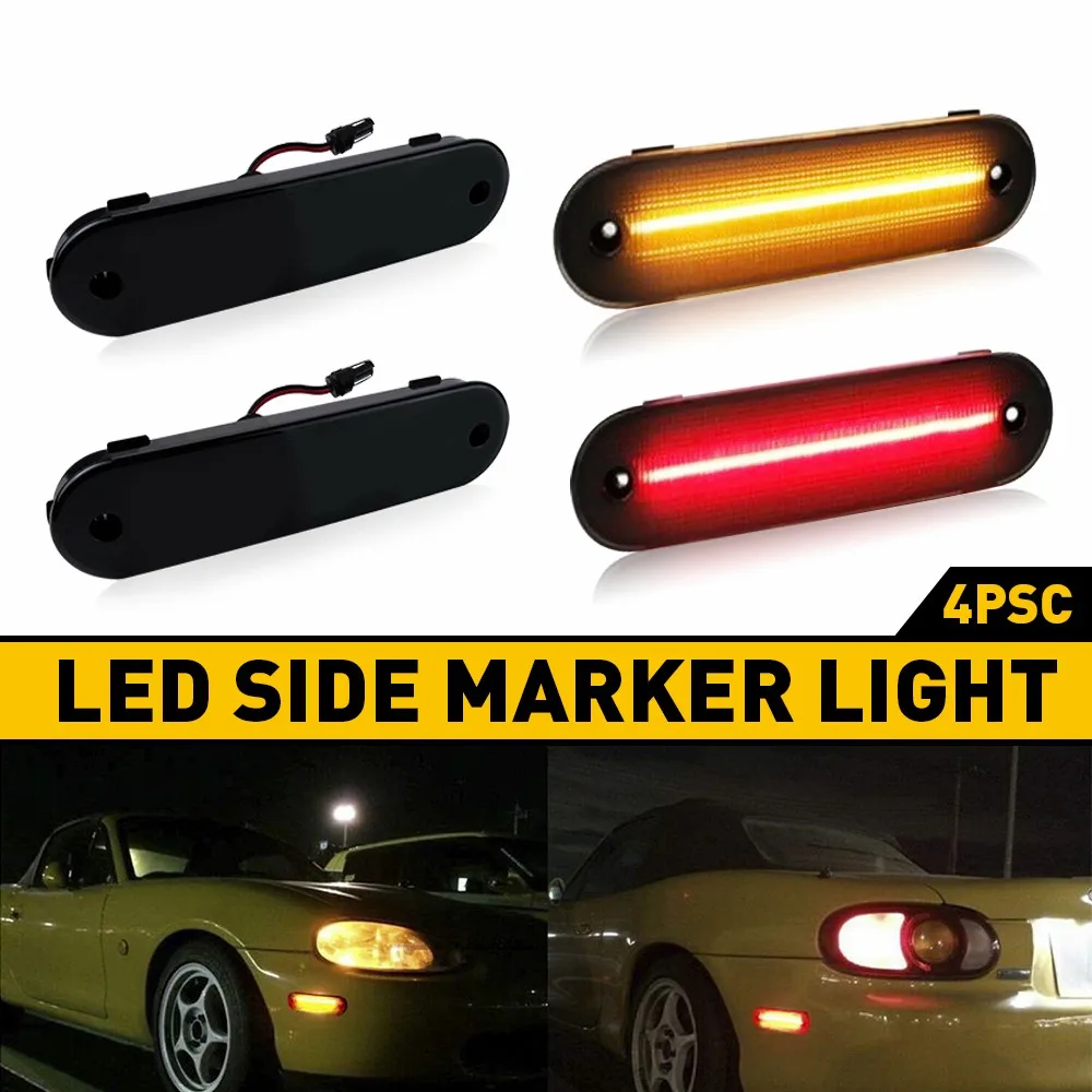 

4Pcs LED Side Marker Light Fit For Mazda Miata MX-5 1990-2005 Front Rear Amber & Red Car Turn Signal Light Smoked Accessories