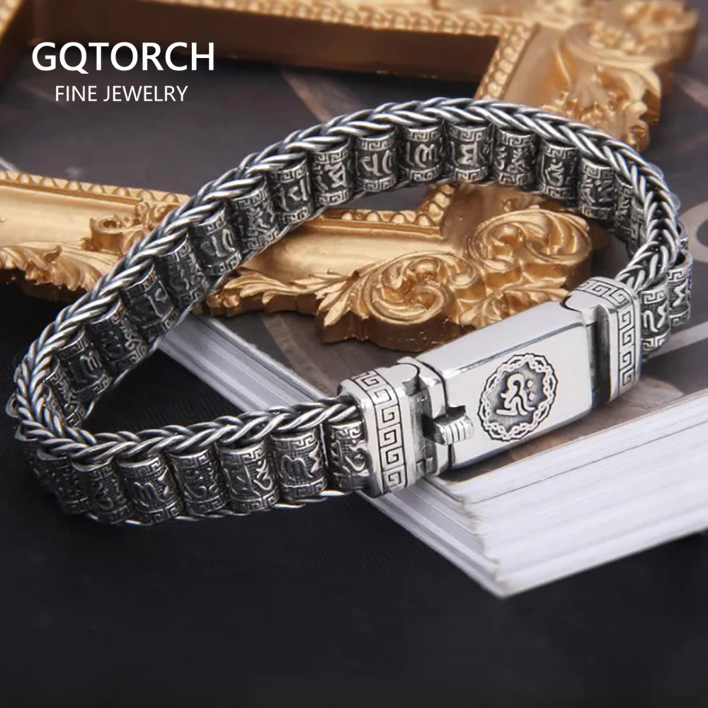 

Real 925 Sterling Silver Tumbler Bracelet Men Six-Character Vintage Punk Hand-woven Rotatable Prayer Wheel Mantra Link Chain