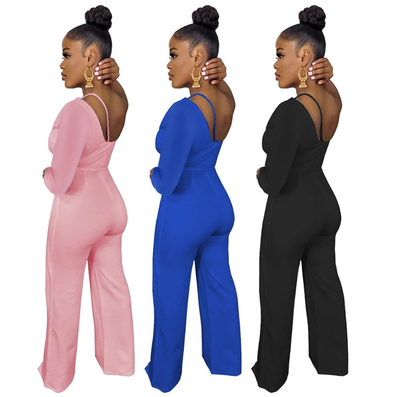 Women Solid Jumpsuits Autumn Long Sleeve Single Shoulder Casual Wide Leg One Piece Overall Rompers Sexy Club Bodysuits S-XXL