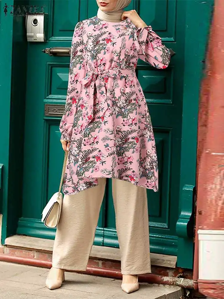 

ZANZEA Fashion Long Sleeve O-Neck Tops Women Floral Printed Muslim Blouse Vintage Asymmetrical Hem Long Shirt Islamic Clothing