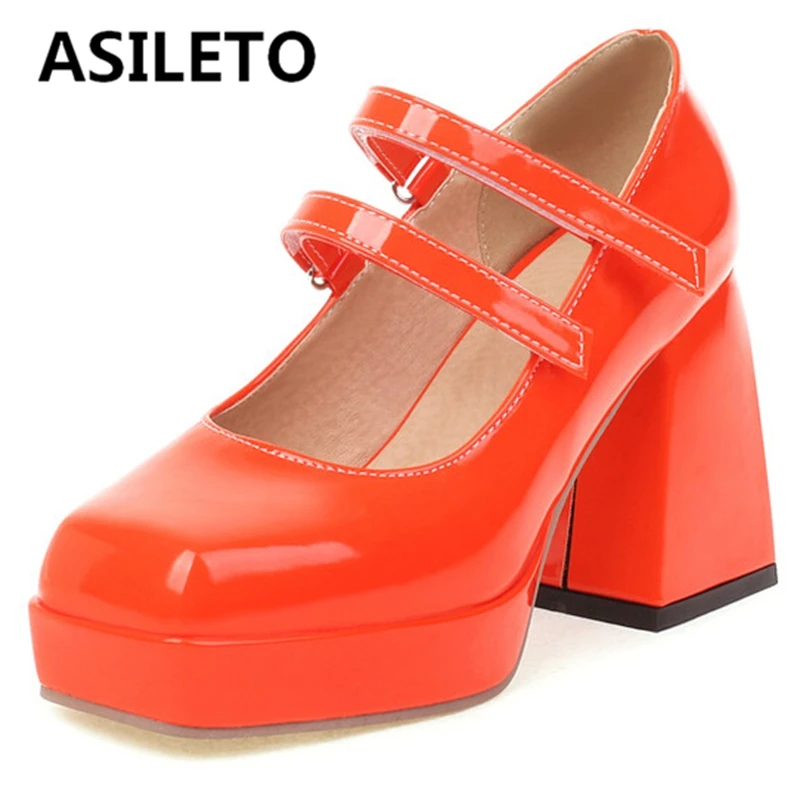 

ASILETO Lady Platform Shoes Pumps Square Toe Block Heels Hook Loop Strap Solid Plus Size 34-43 Nude Black Fashion Spring S3278