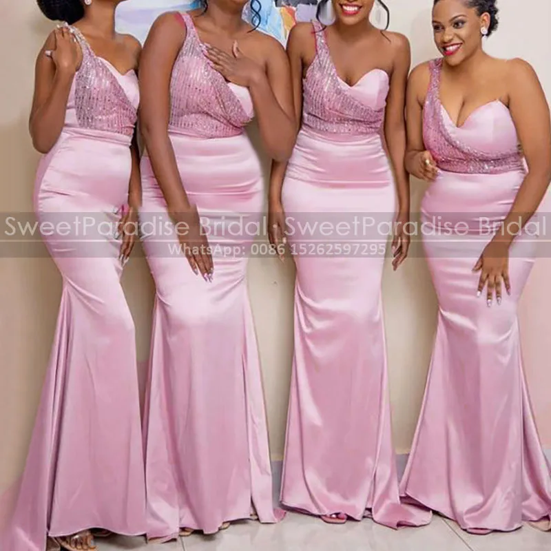 

Pink Sequins One Shoulder Bridesmaid Dresses Mermaid Long Sleeveless Customize Trumpet Wedding Party Dress Maid Of Honor