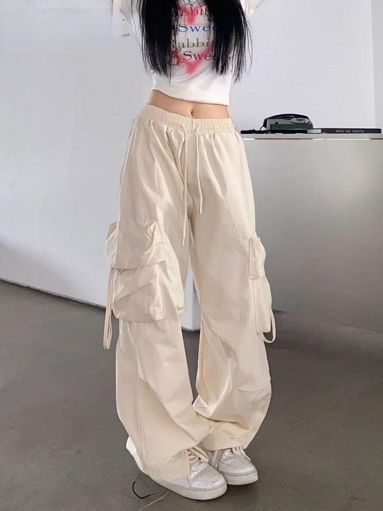 

Hikigawa Spring Solid High Waist Women Pants Chic Fashion Harajuku Drawstring Wide Leg Trousers Pocket Patchwork Pantalones