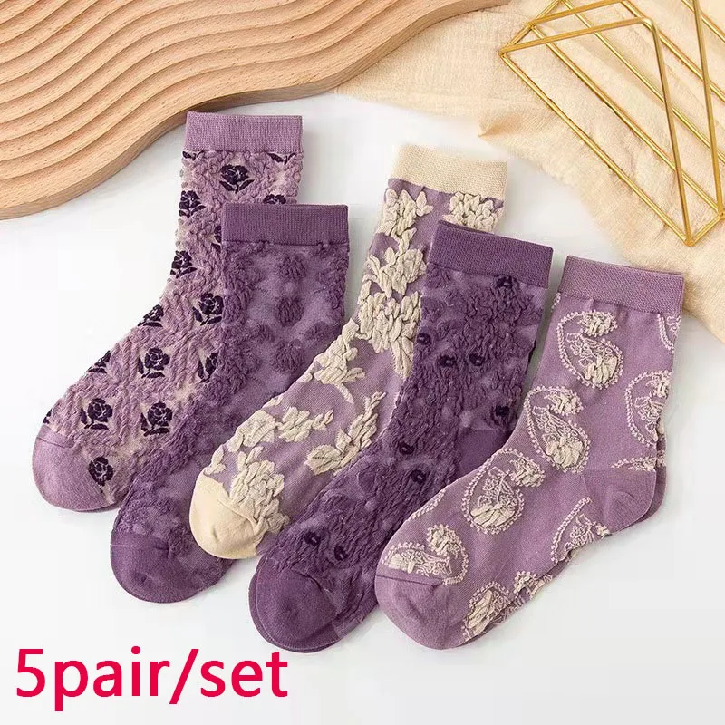 5 Pairs/lot  Women's Socks Floral Purple Vintage Fashion Street 3D Socks Mid Tube Socks Retro Court Socks 2022 Spring Summer