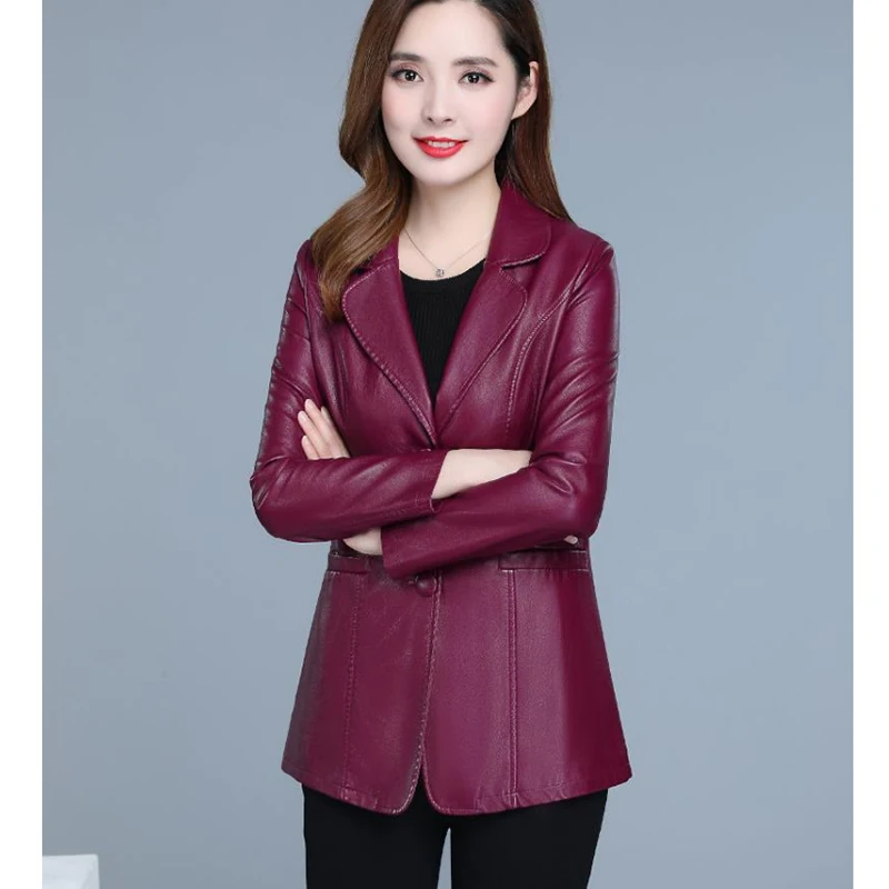 Coat Women Low Price On Sale Faux Leather Jackets Wine Red 2022 Spring Autumn Korean Fashion Slim Black Lapel PU Coats Feminina