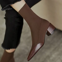 women socks booties winter stretch botas thick mid heel slip on high quality pointed toe short winter shoes women black shoes