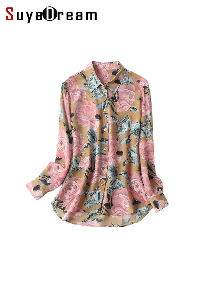 SuyaDream Women Silk Shirt 100%Silk Crepe Long Sleeved Floral Printed Blouse Shirt 2021 Autumn Winter Office Chic Shirt