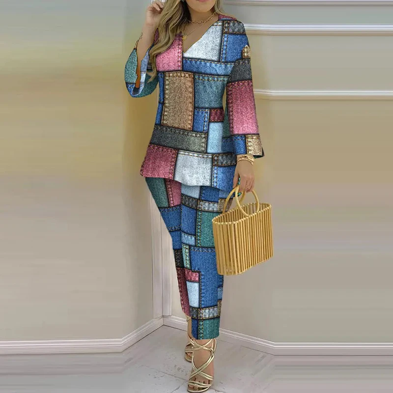 

Women V-neck Long Sleeved Top Loose Suit Spring Thin Print Casual Two-piece Sets Vintage Commute Streetwear Long Pants Outfits