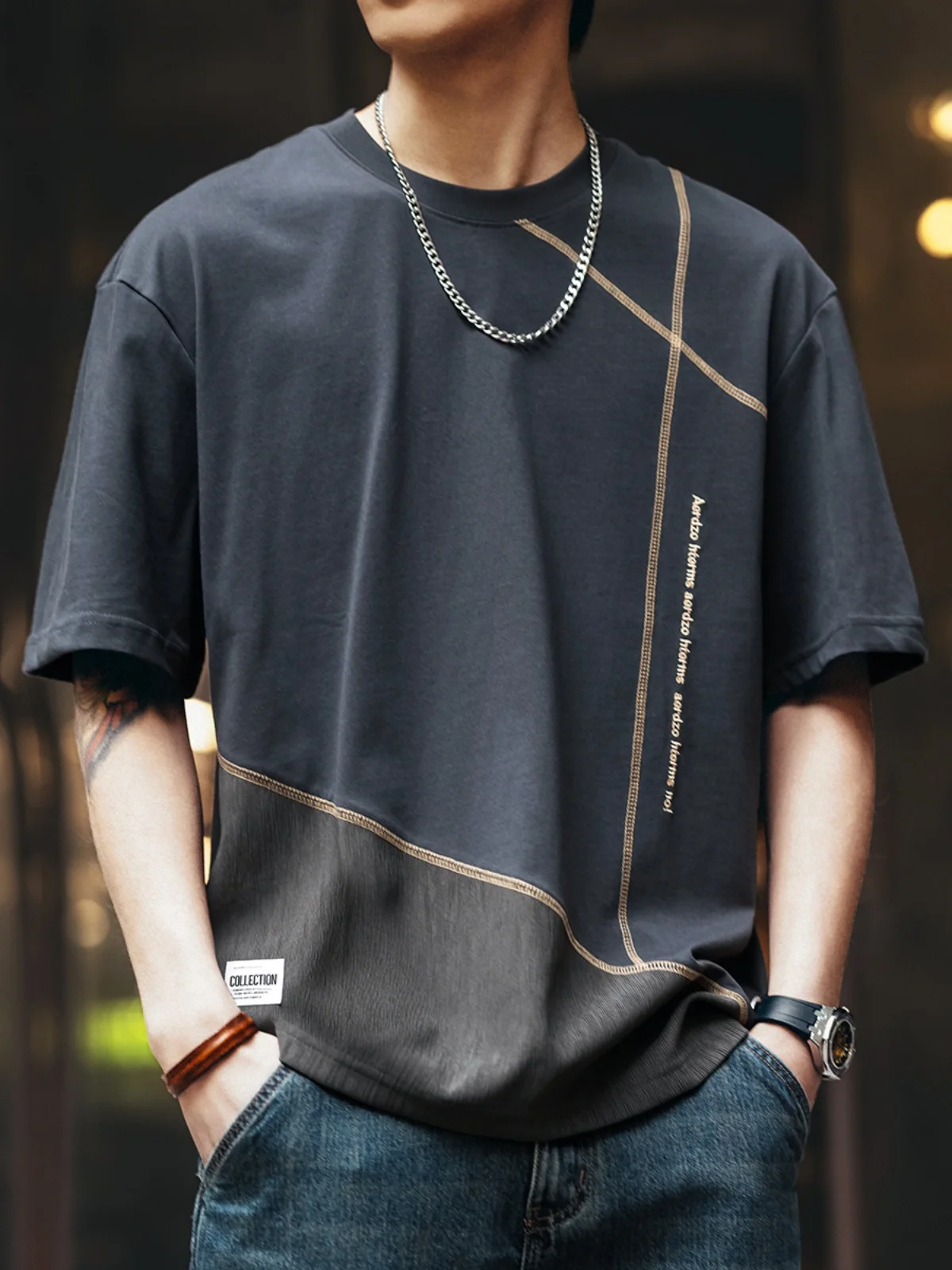 Ge Lan Lu American Design Sense Patchwork Short sleeve T-shirt Men's Summer Loose Casual Trendy round Neck Cotton Men