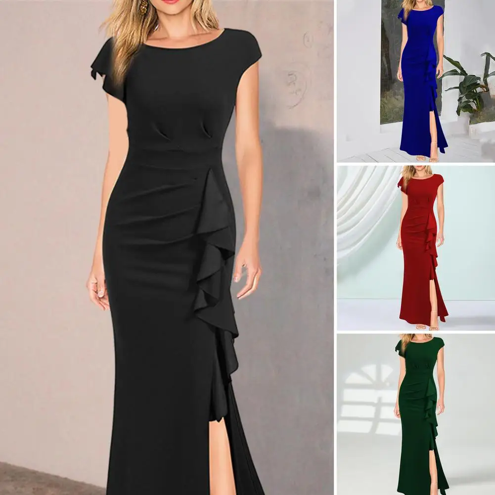 

Female High Waist Maxi Dress Elegant Summer Evening Party Dress Flattering High Waist Side Ruffle Decor Slim Fit for Special