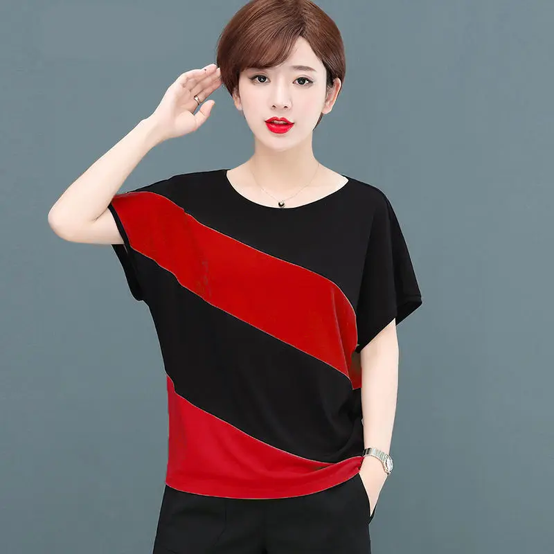 

Mother's clothing bottoming shirt striped contrast color bat shirt round neck top new stitching cover belly T-shirt women