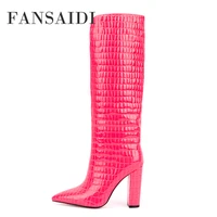 fansaidi 2022 fashion female boots winter new pink orange chunky heels sexy elegant knee high boots big size41 42 43 44 45 46 47