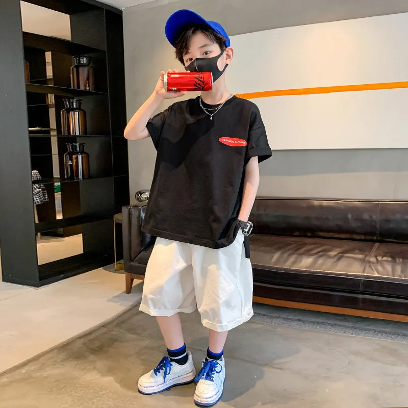 Loose Style Big Boys Clothing Set For Summer 2022 New Fashion Casual O-Neck Print Two Pieces Sport Suit Cotton Teenager Clothes