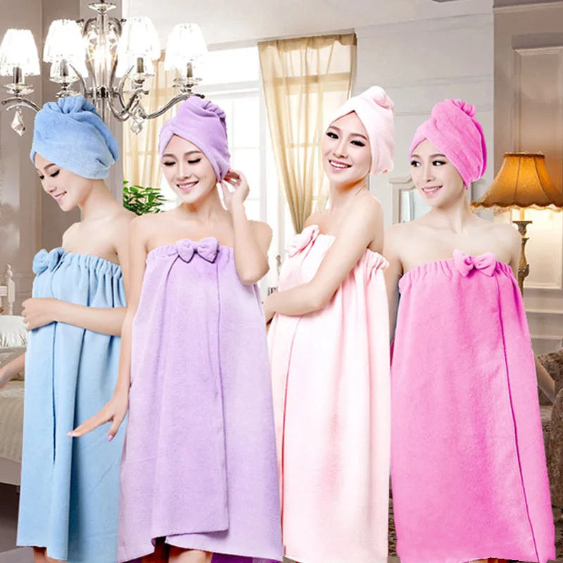 

Soft Microfiber Magic Absorbent Dry Spa Bath Towel Beach Bathrobe+Cap for Women Girls GRSA889