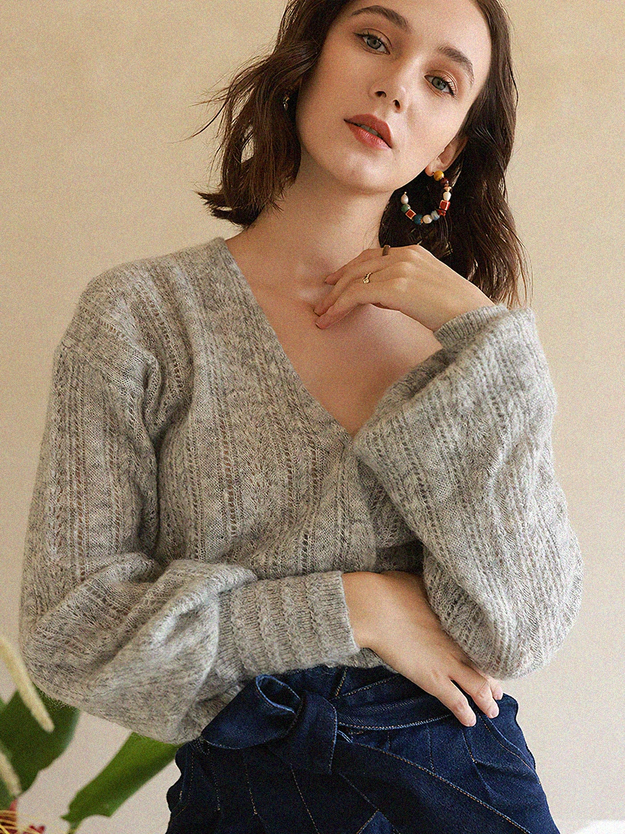 

Tricotage fantaisie Pullover Top Ladies Autumn Lantern Sleeve V neck Wool Mohair Jumper 2022 Female Vintage Elegant Sweater Pull
