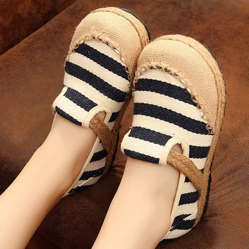 

2022 Striped Women Casual Cotton Cloth Loafers Slip on Ladies Thick Soled Hemp Canvas Flat Shoes Handmade Zapato Mujer