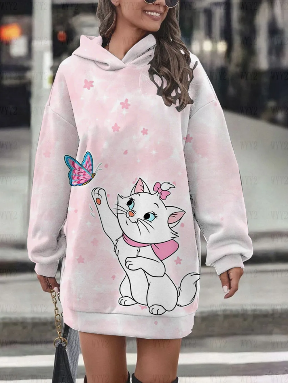 

Disney Marie Cat Cartoon Autumn Winter Hoodie Women's Harajuku Pocket Print Casual Fashion Women's Loose Hooded Dress for Women