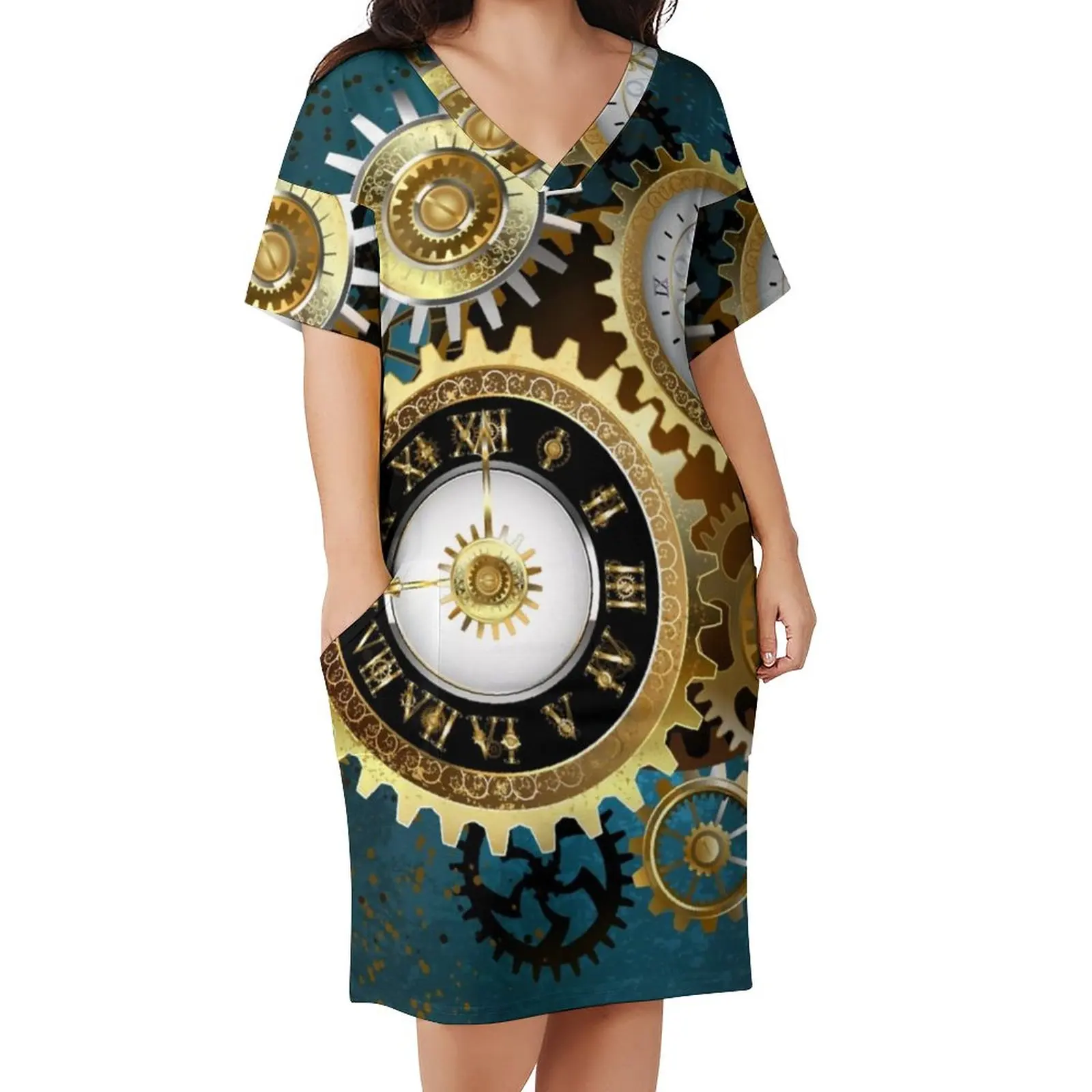 

Женское платье с принтом в стиле стимпанк, готическое платье с V-образным вырезом, повседневное платье в стиле ретро, Одежда большого размера для лета