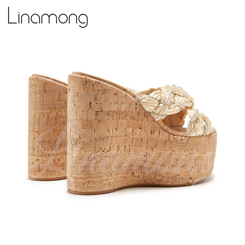 Wedge Slippers Braided Leather Summer Sandals Brown Espadrilles Super High Heel Mules for Women Gold Rhinestone Luxury Slippers