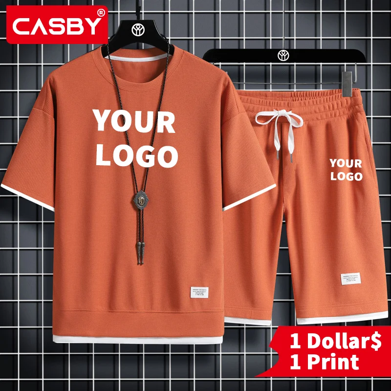 Custom Logo 2022 Men's Two Piece Set Linen Fabric Casual T-Shirt and Shorts Set Mens Sports Suit Fashion Short Sleeve Tracksuit