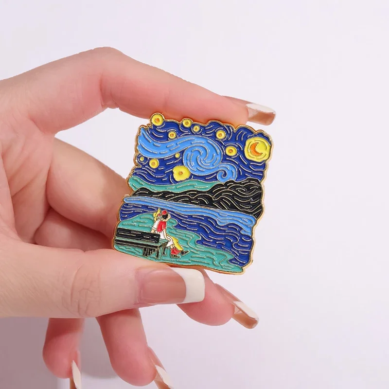 Фото Эмалированная булавка дизайн «масляная живопись» Artist Van Gogh, искусство, звездное небо, волна, черная кошка, брошь, Значки для сумок, нагрудные значки, ювелирные аксессуары №5