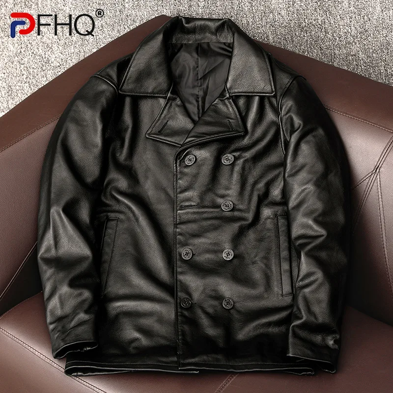 

PFHQ Autumn Medium Long Windbreaker Cowhide Leather Coat Men's Business Tide Motorcycle Casual Double Breasted Jackets 21Z1780