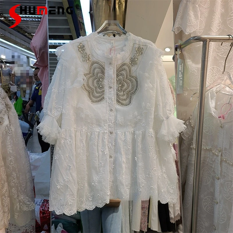 

Lace Shirt Female Summer New Korean Style Sweet Heavy Industry Beads Lace Ruffled Stitching Loose Slimming Top Fashion Blouse